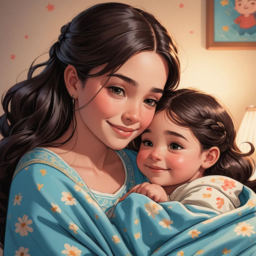 a woman holding a child wrapped in a blanket in a room with a lamp on the wall and a picture of a bear on the wall, lyco art, a storybook illustration, Artgerm, trending on art station
