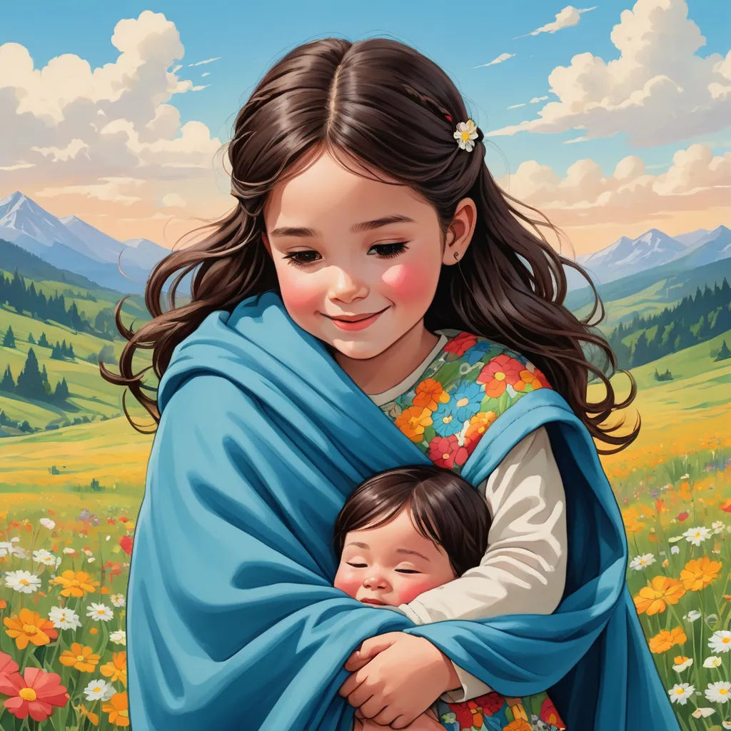 a painting of a little girl holding a baby in a field of flowers with mountains in the background and clouds in the sky, naive art, a storybook illustration, Brothers Hildebrandt, highly detailed digital painting