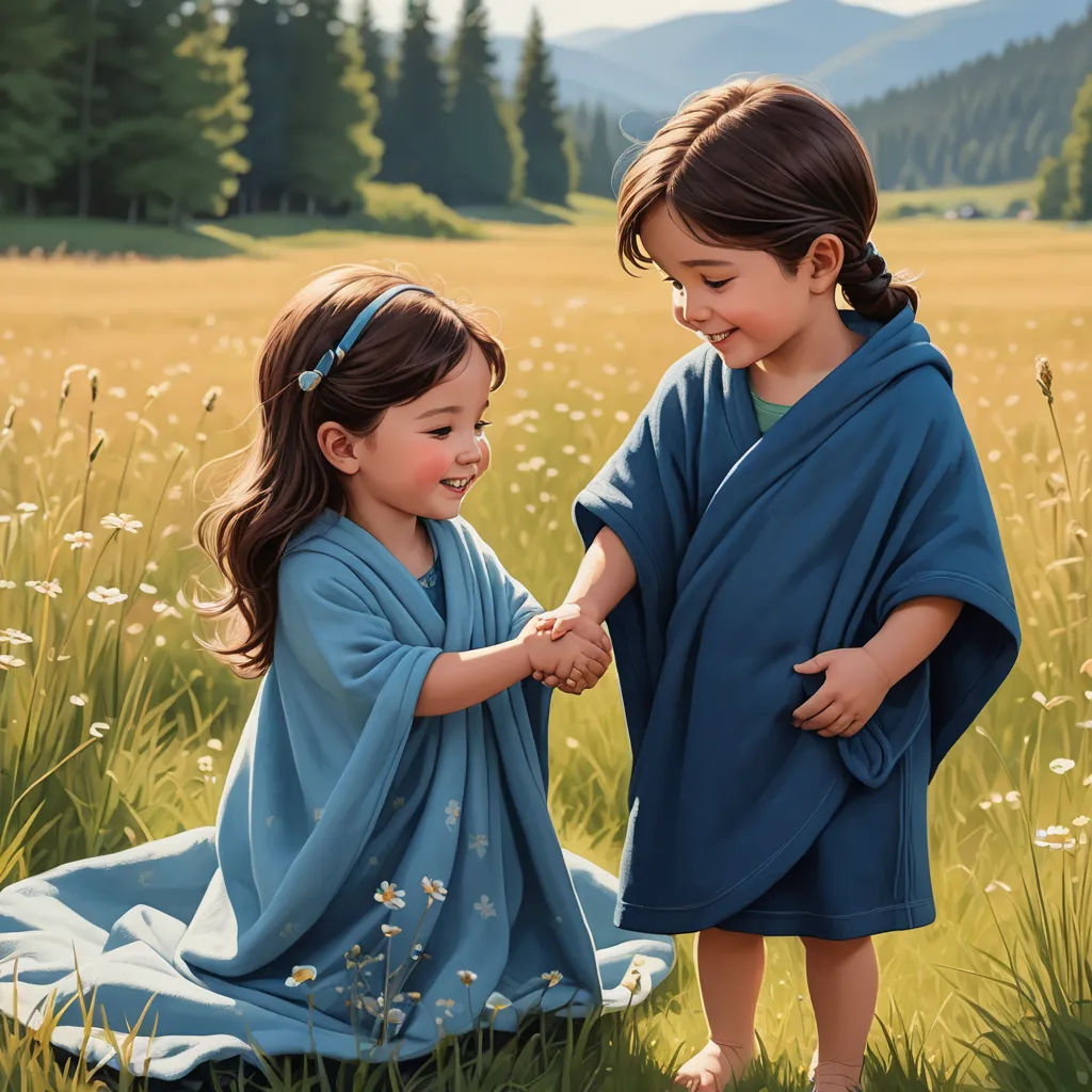 two little girls in blue robes playing in a field of grass and flowers with a mountain in the background, fantasy art, a storybook illustration, Brothers Hildebrandt, official art