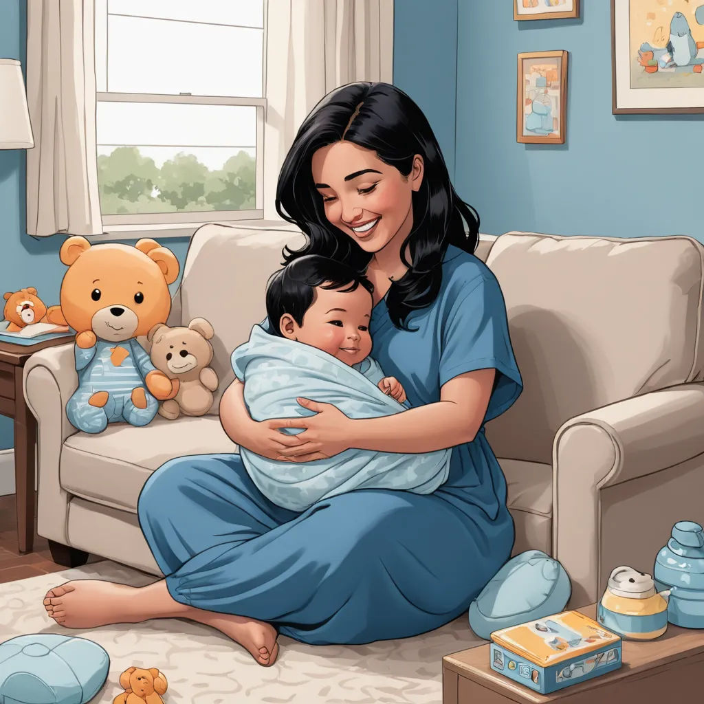 a woman holding a baby in a living room with teddy bears and a teddy bear on the floor next to a window, american realism, a storybook illustration, Anthony Palumbo, storybook illustration