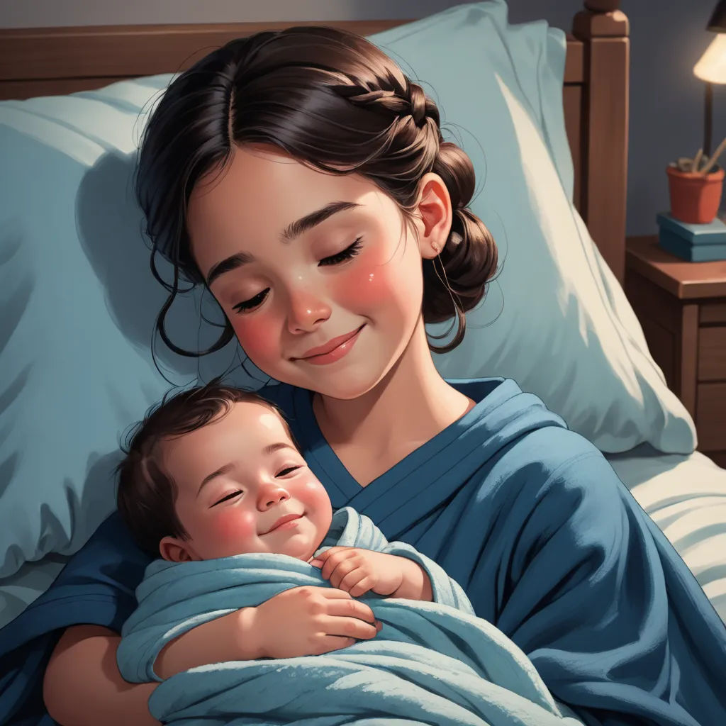 a woman holding a baby wrapped in a blanket on a bed with a night stand and lamp in the background, photorealism, a storybook illustration, Diego Gisbert Llorens, stanley artgerm lau