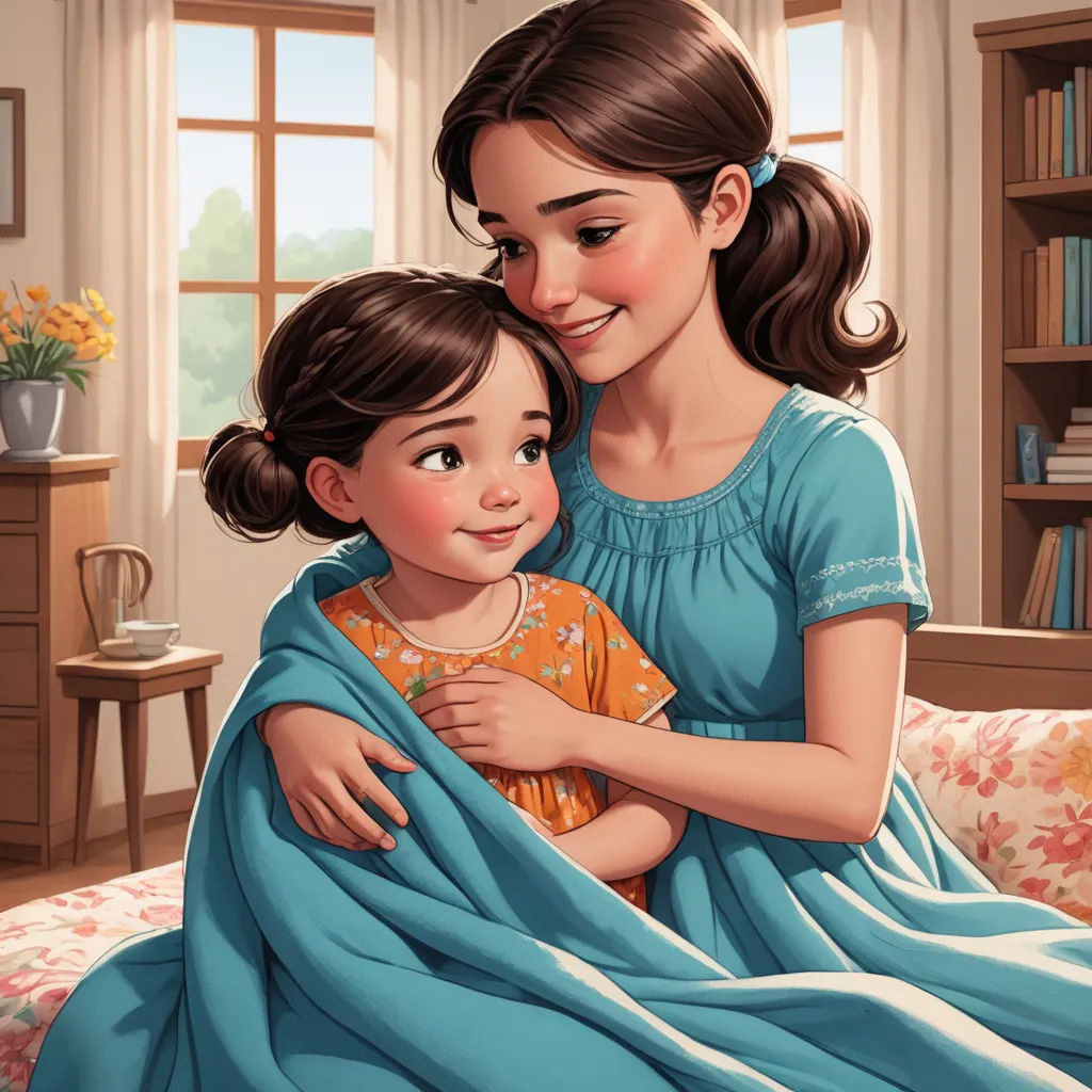 a painting of a mother and daughter wrapped in a blanket in a living room with a bookcase and window, serial art, a storybook illustration, Artgerm, storybook illustration