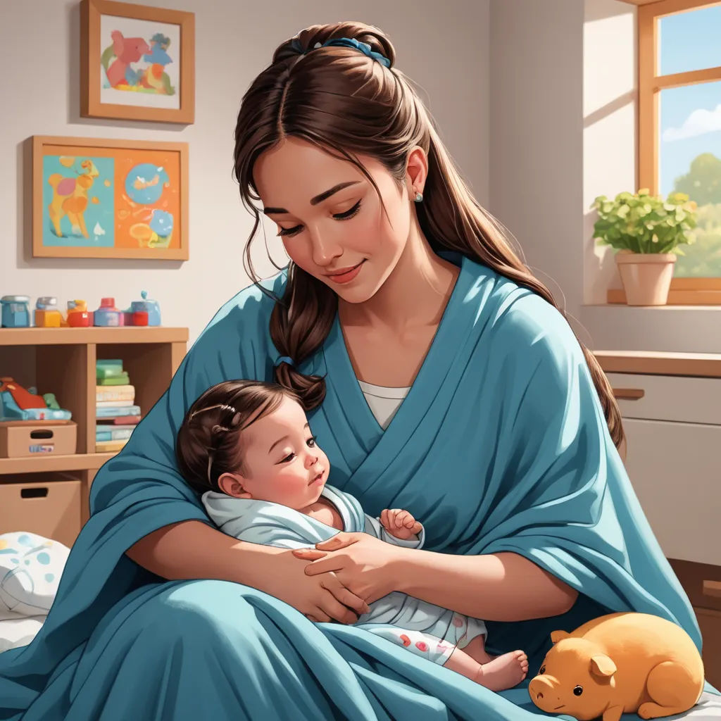 a woman holding a baby wrapped in a blanket in a bedroom with a teddy bear and a toy pig, classical realism, a storybook illustration, Alejandro Burdisio, ultra realistic illustration
