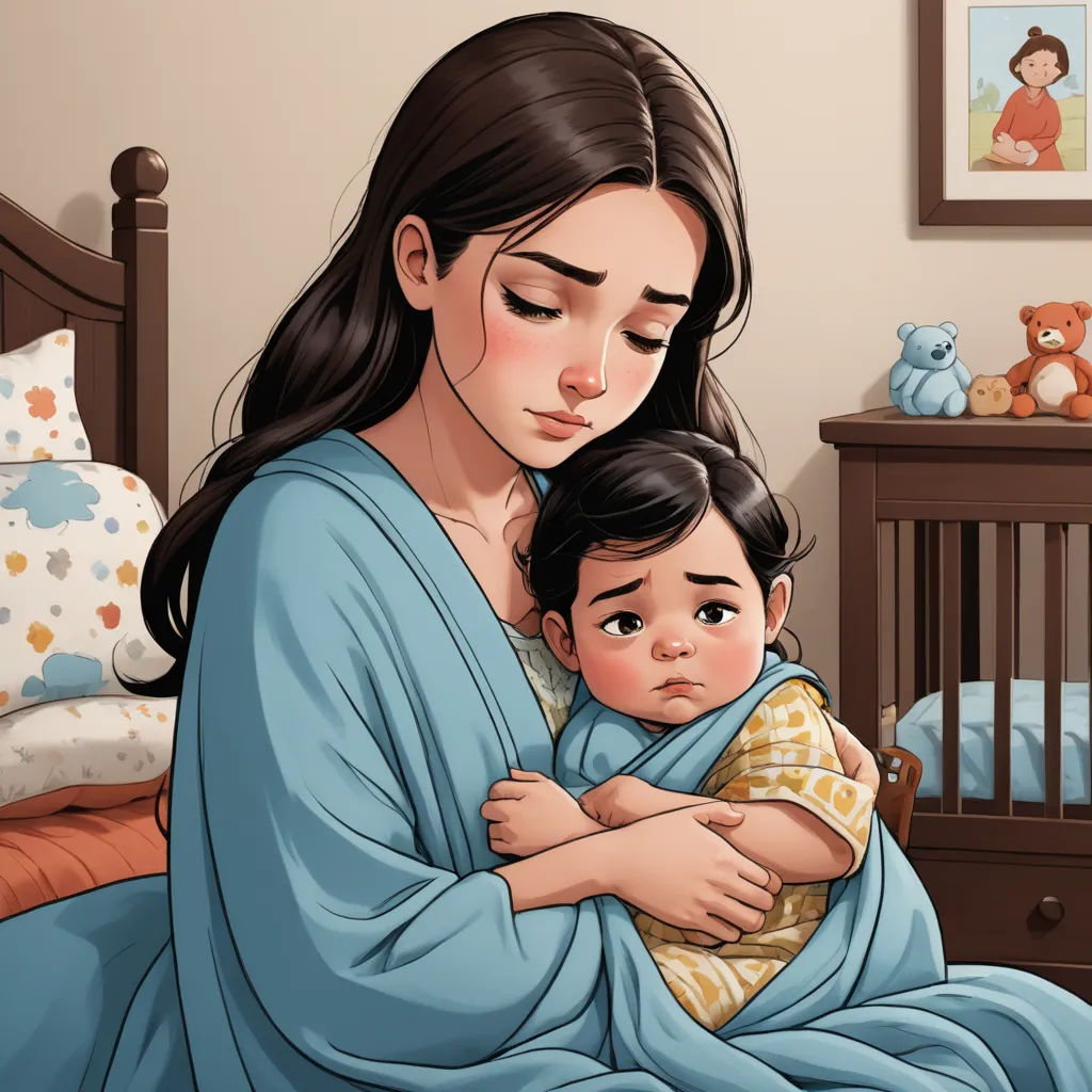 a woman holding a child in her arms in a bedroom with a crib and a teddy bear on the wall, lyco art, a storybook illustration, Cyril Rolando, storybook illustration