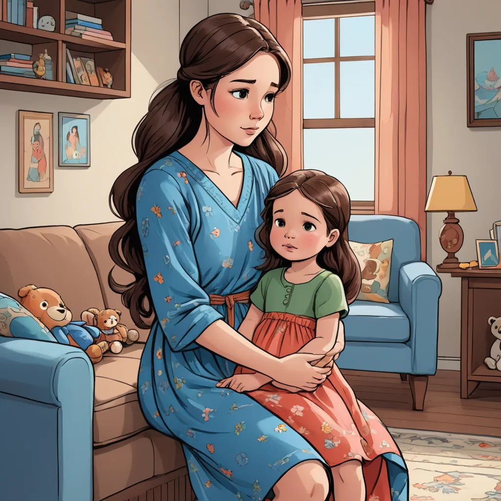 a woman and a child are sitting on a couch in a living room with a teddy bear on the floor, serial art, a storybook illustration, Anne Said, storybook illustration