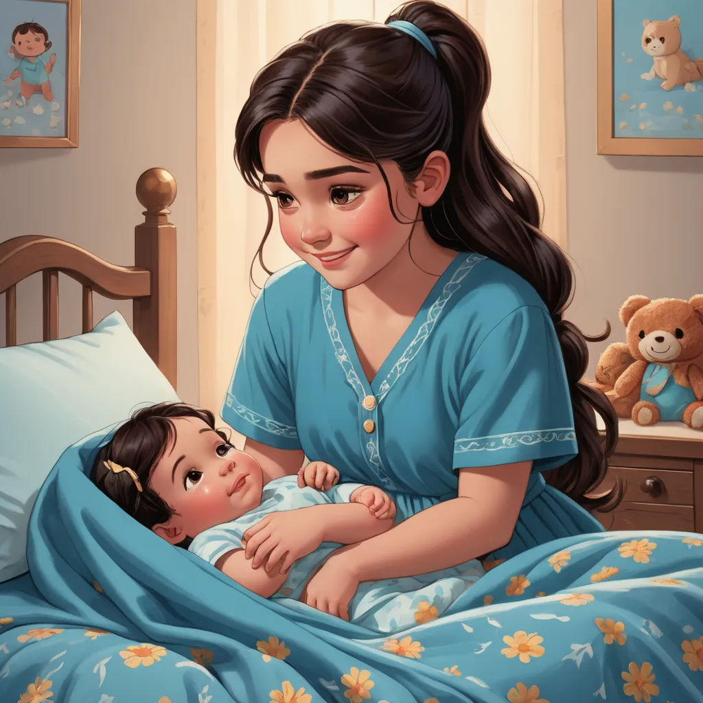 a painting of a woman holding a baby in bed with a teddy bear on the bed and a teddy bear on the wall, photorealism, a storybook illustration, disney, storybook illustration