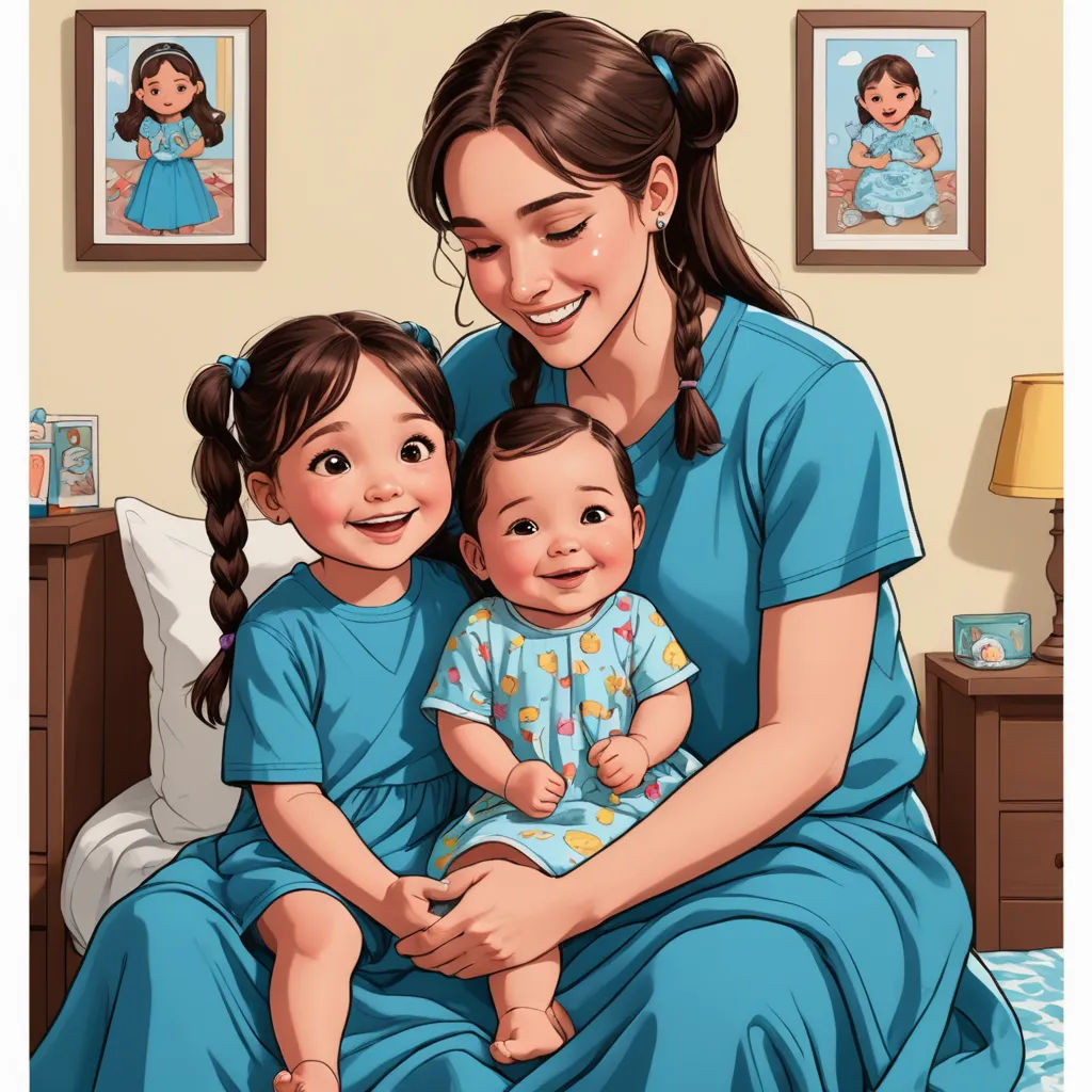 a woman holding a baby while sitting on a bed with a child in her lap and smiling at the camera, lyco art, a storybook illustration, Artgerm, ultra realistic illustration