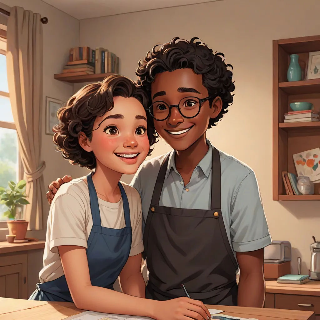 a man and a woman are standing in a kitchen together, smiling at the camera, with a book on the counter, harlem renaissance, a storybook illustration, Felix-Kelly, official art