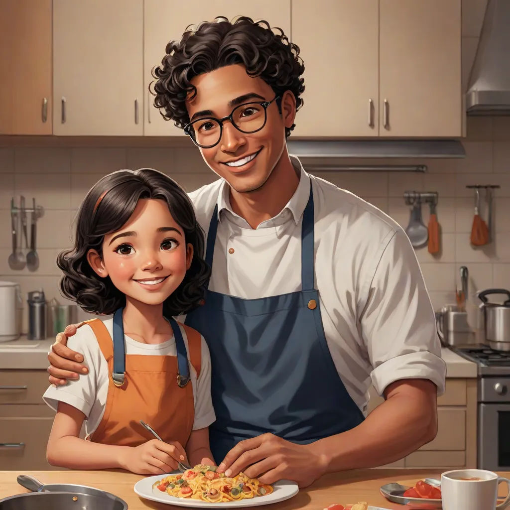 a man and a little girl are standing in front of a plate of food in the kitchen, smiling, american scene painting, a storybook illustration, Eddie Mendoza, official art