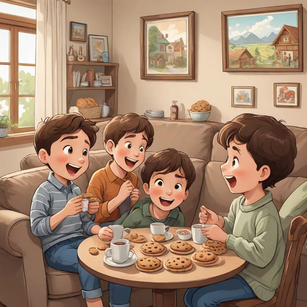 a group of kids sitting around a table with cookies and coffee cups on it and a man holding a cup of coffee, sots art, a storybook illustration, Diego Gisbert Llorens, official art