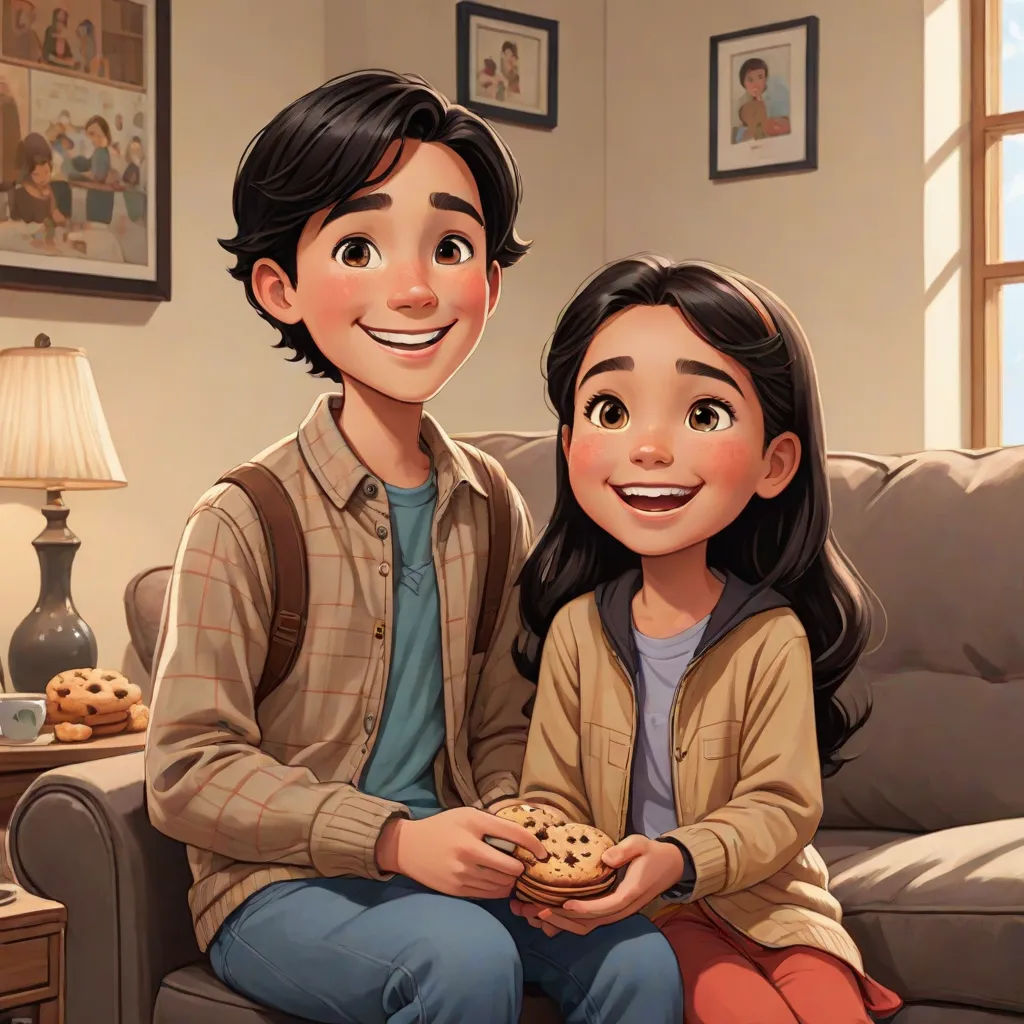 a man and a woman sitting on a couch holding cookies and smiling at the camera, with a dog in the background, american scene painting, a storybook illustration, Eddie Mendoza, official art