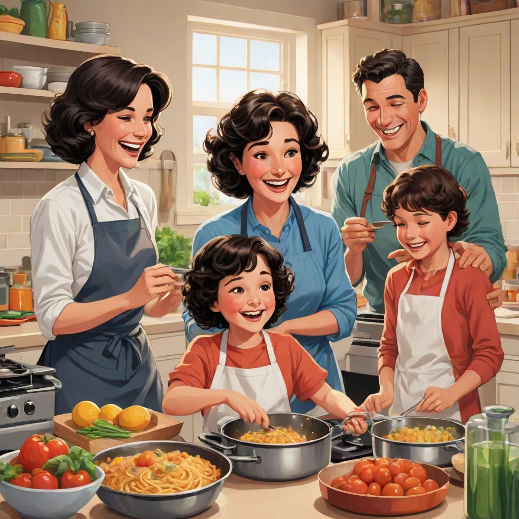 a family cooking together in the kitchen together with a child in the foreground and a man in the background, american scene painting, a storybook illustration, David Park, official art