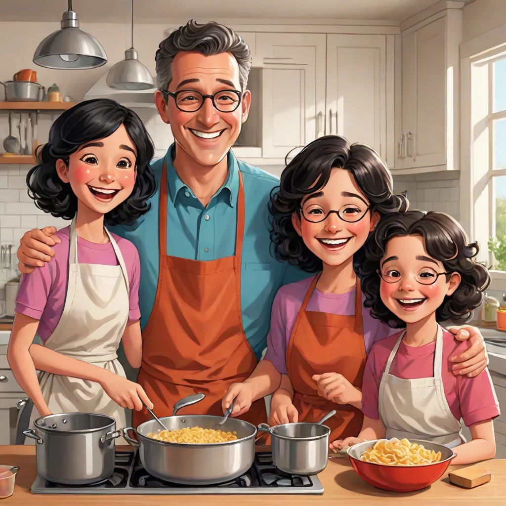 a family is cooking together in the kitchen together, and smiling at the camera, while the child is holding a bowl of noodles, american scene painting, a storybook illustration, Cliff Childs, official art