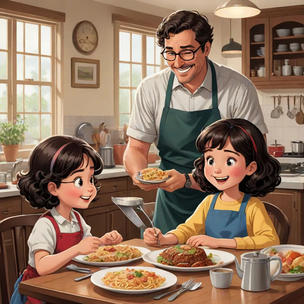 a man and two children are eating dinner together in the kitchen, while a man is holding a spoon, american scene painting, a storybook illustration, Cliff Childs, official art