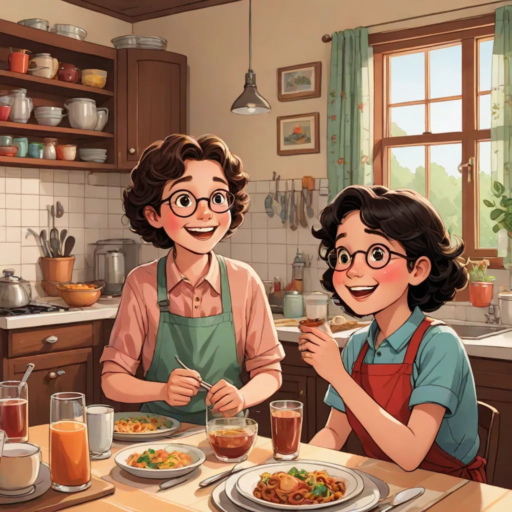 a couple of people sitting at a table with food in front of them and a window in the background, remodernism, a storybook illustration, Akira Toriyama, official art