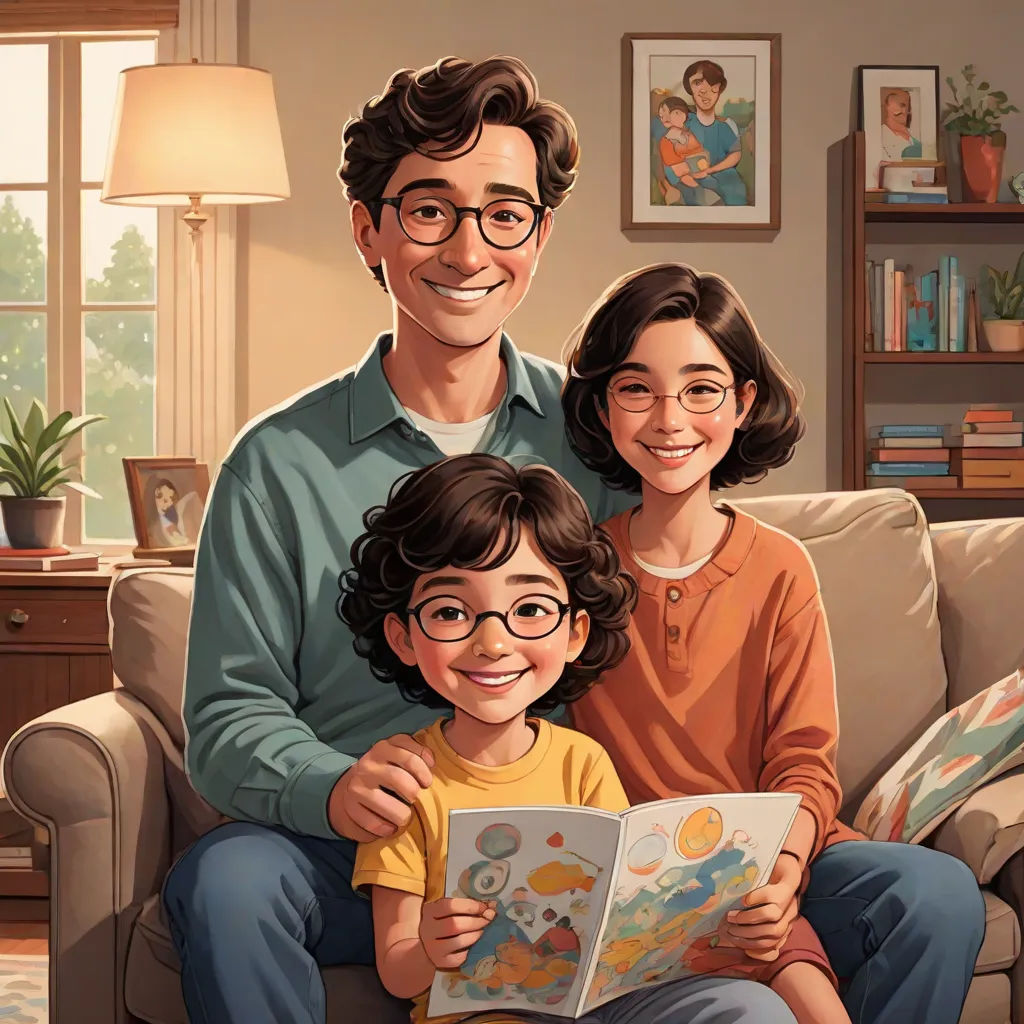 a man and a woman sitting on a couch with a child reading a book together, with a child smiling at the camera, american scene painting, a storybook illustration, Chris LaBrooy, official art