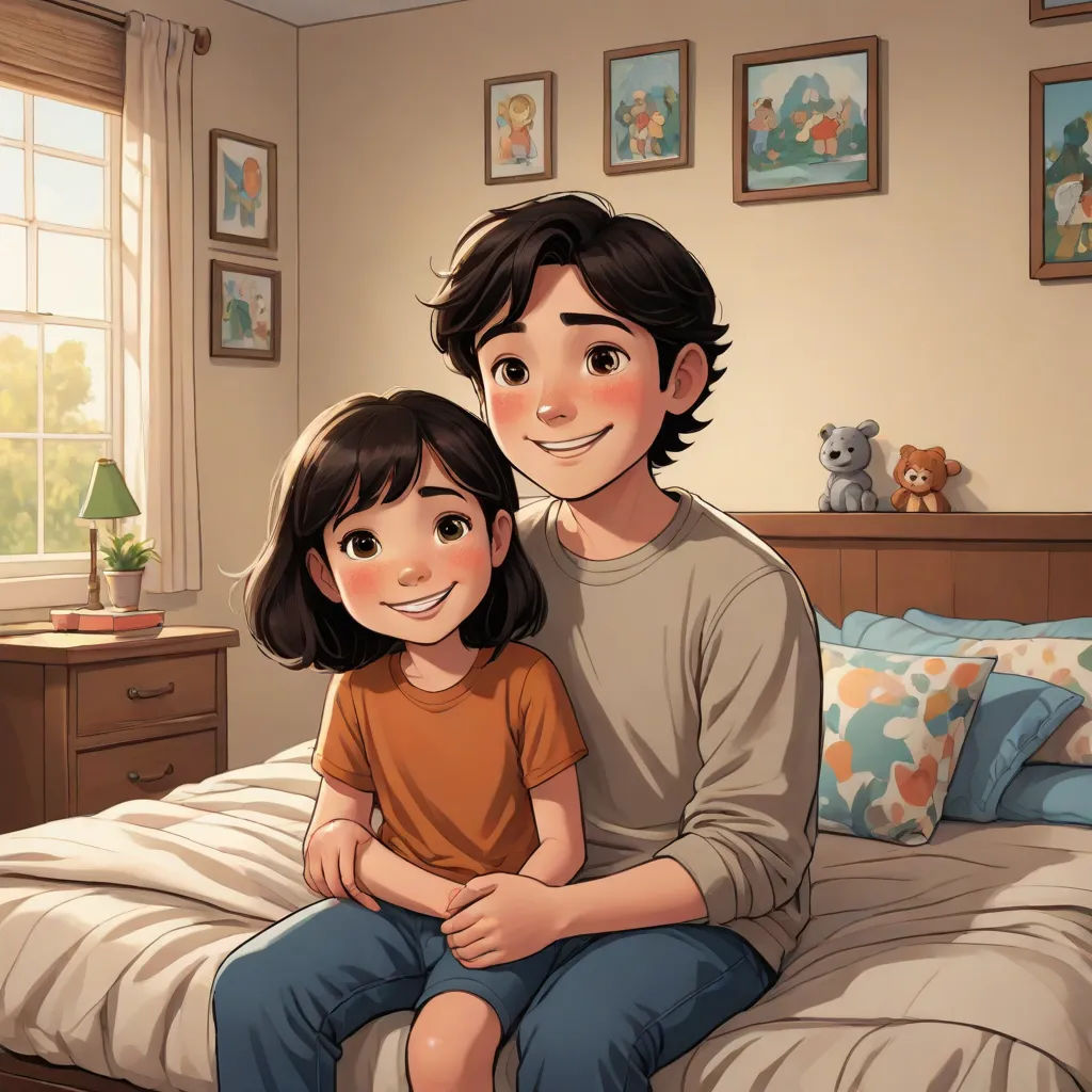 a man and a little girl sitting on a bed in a bedroom with a window and a teddy bear, verdadism, a storybook illustration, Diego Gisbert Llorens, official art