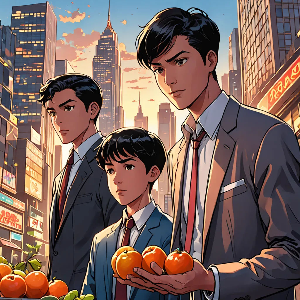 a man holding a tray of oranges in front of a cityscape with a man in a suit, sots art, a comic book panel, Artgerm, official art