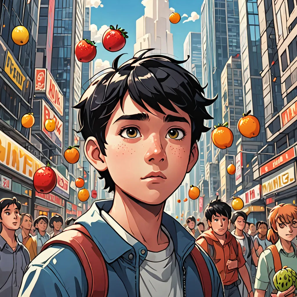 a boy with a backpack and a backpack on his shoulder in a crowded city street with oranges floating above him, art & language, a comic book panel, Asaf Hanuka, rossdraws global illumination