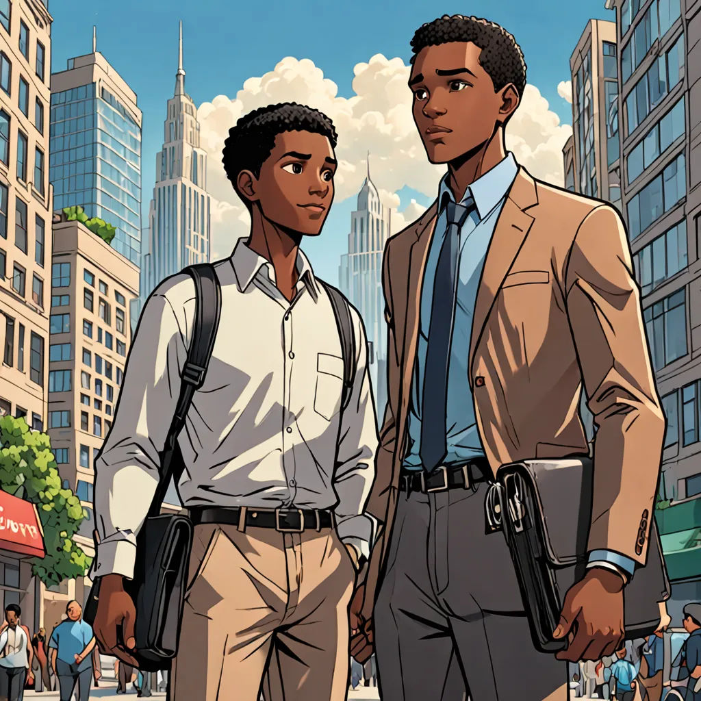 two men standing next to each other in a city street with buildings in the background and a sky line in the foreground, harlem renaissance, a comic book panel, Cedric Seaut (Keos Masons), graphic novel