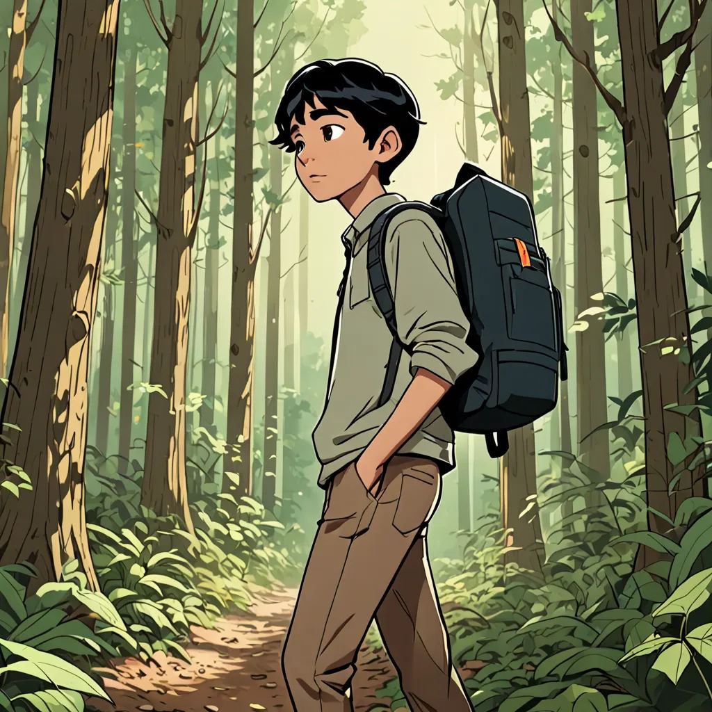 a boy with a backpack walking through a forest of trees and ferns in the sunlight, with a trail in the background, environmental art, a character portrait, Asaf Hanuka, color page