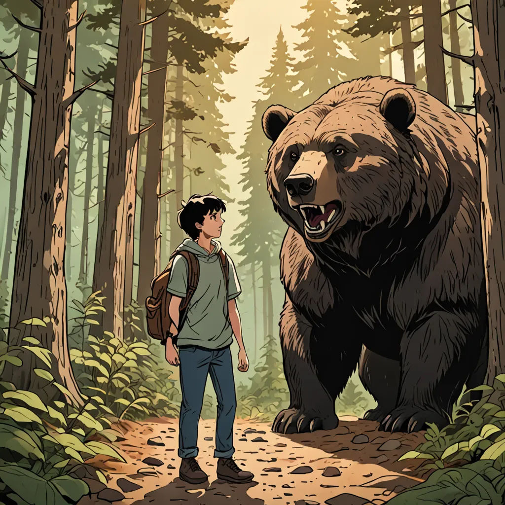 a man standing in the woods next to a bear that is walking away from him on a path with trees, environmental art, a storybook illustration, Atey Ghailan, comic cover art