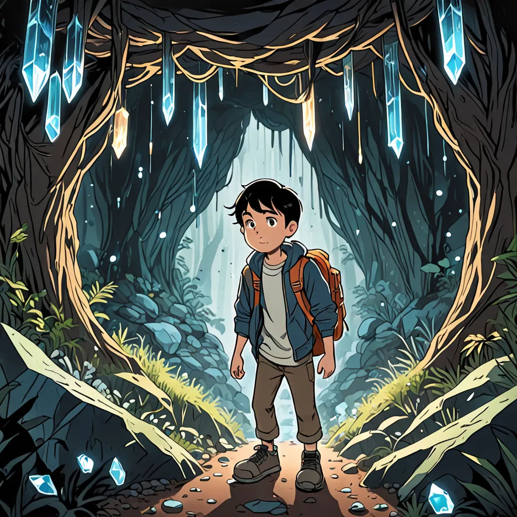 a boy with a backpack standing in a cave with crystals hanging from the ceiling and a trail leading to him, crystal cubism, concept art, Cliff Childs, rossdraws global illumination