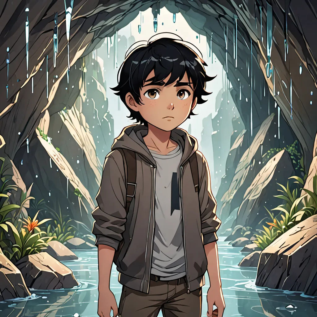 a boy standing in a cave with a waterfall in the background and a waterfall in the foreground, with a waterfall in the background, environmental art, a character portrait, Cedric Seaut (Keos Masons), official art