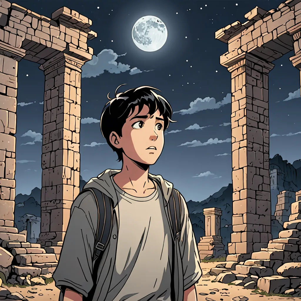 a boy standing in front of a stone structure with a full moon in the background and a full moon in the sky, serial art, a comic book panel, Asaf Hanuka, comic cover art