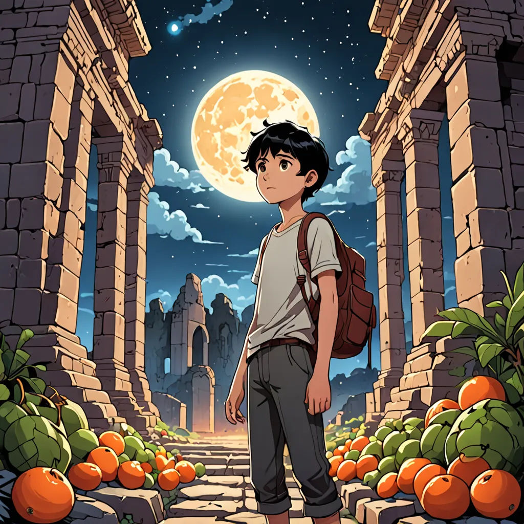 a boy standing in a doorway with a full moon in the background and oranges in the foreground, serial art, poster art, Asaf Hanuka, anime key visual