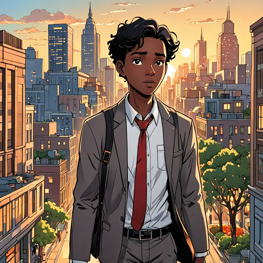 a man in a suit and tie standing in front of a cityscape with buildings and a sunset, harlem renaissance, a comic book panel, Everett Warner, comic cover art