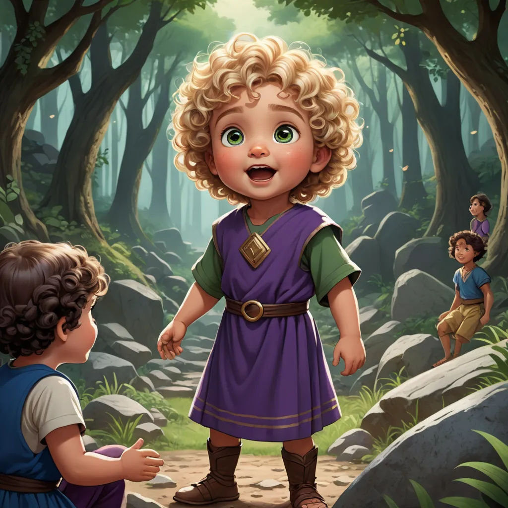 a little girl standing next to a little boy in a forest with a forest background and a forest scene, fantasy art, a storybook illustration, Clint Cearley, official art
