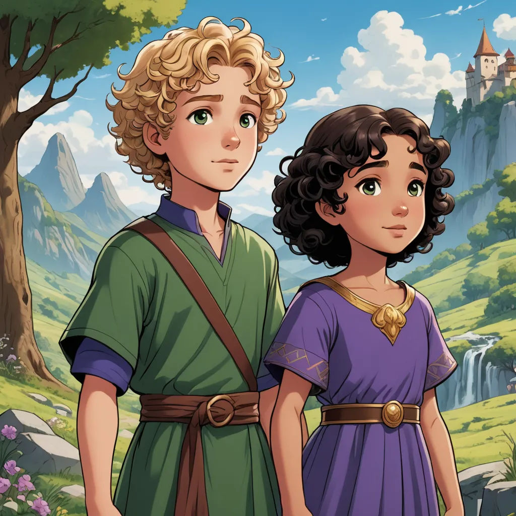 a boy and a girl standing in front of a mountain with a castle in the background and a forest, sots art, a storybook illustration, Brothers Hildebrandt, official art