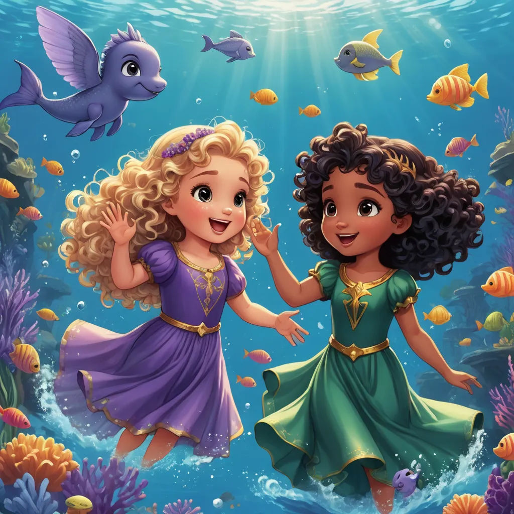 two girls are walking through the water with fish in their hands and a fish in the background, and a fish in the water, fantasy art, a storybook illustration, disney, storybook illustration