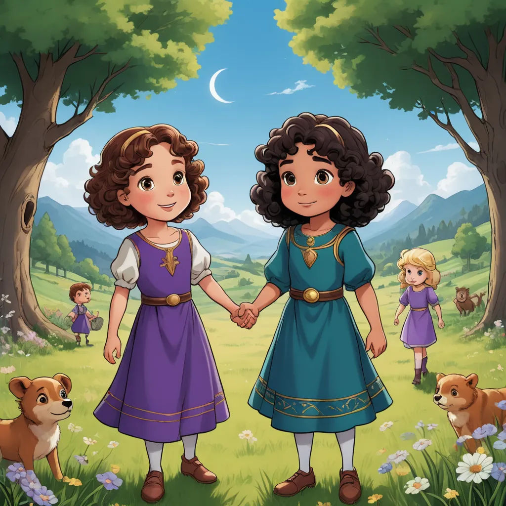 two little girls holding hands in a field with a dog and a tree in the background, with a full moon in the sky, sots art, a storybook illustration, Ada Gladys Killins, storybook illustration