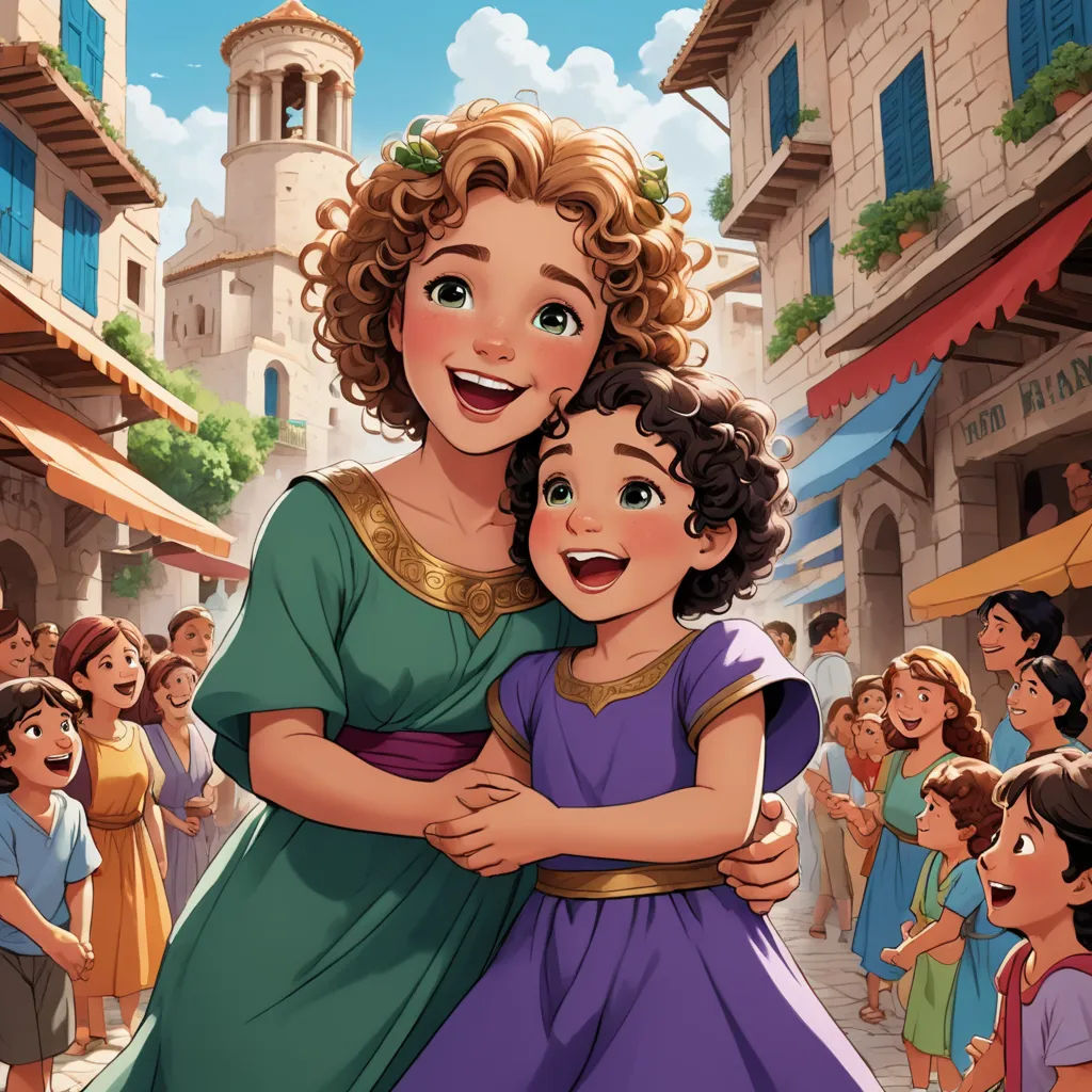 a woman holding a child in a crowd of people in a city street with a clock tower in the background, renaissance, a storybook illustration, disney, official art