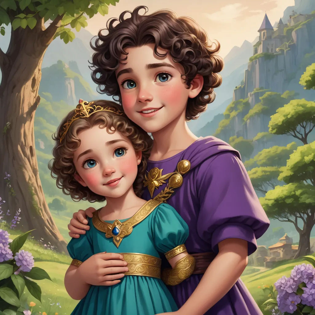 a painting of a young girl hugging a young girl in a blue dress in a forest with a castle in the background, fantasy art, a storybook illustration, Brothers Hildebrandt, kinkade
