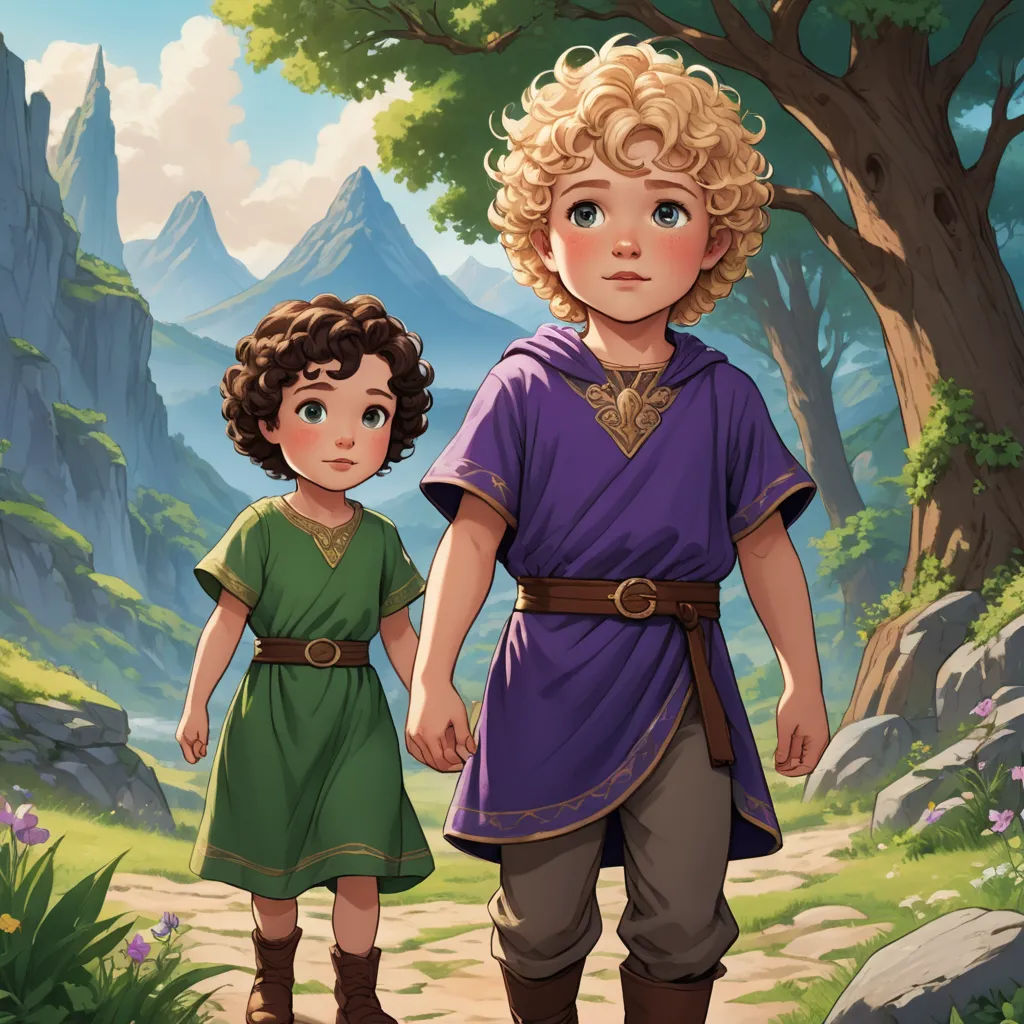 a boy and a girl are walking in the woods together, with mountains in the background and a path leading to them, fantasy art, a storybook illustration, Brothers Hildebrandt, official art