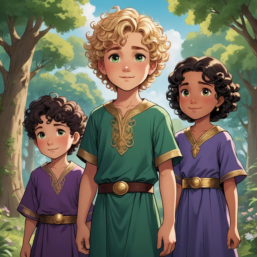 a group of people standing next to each other in a forest with trees and bushes behind them, with a woman in a green dress, hurufiyya, concept art, Brothers Hildebrandt, official art