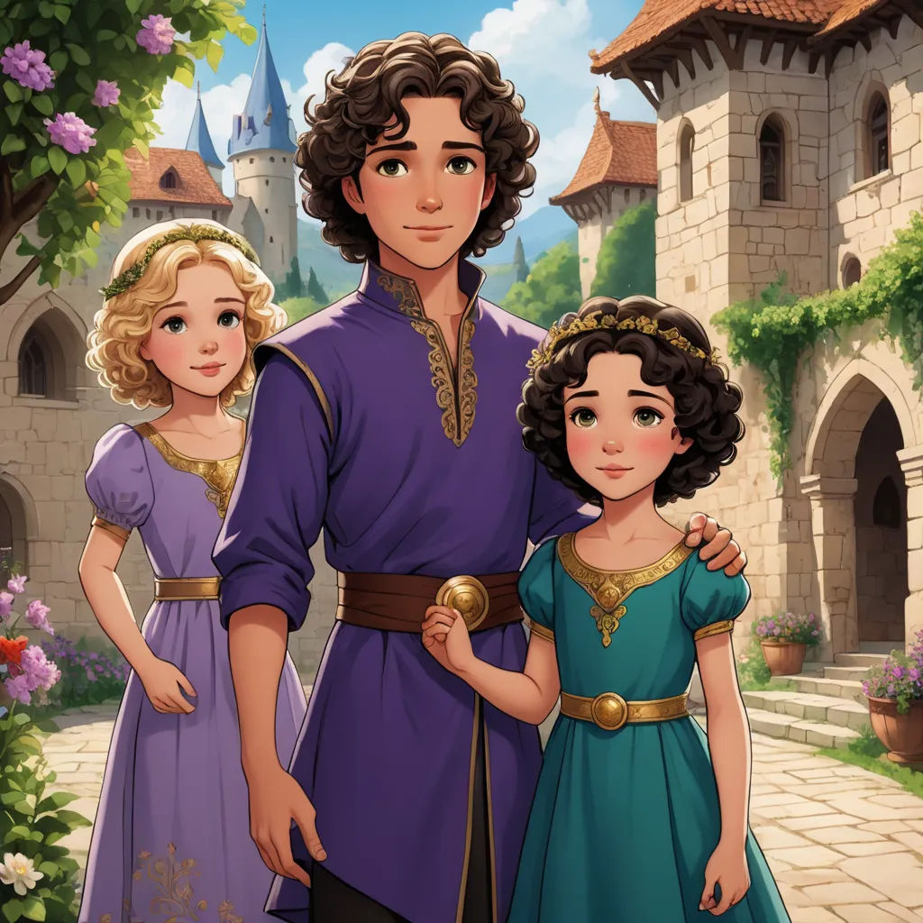 a man and two girls standing in front of a castle with a castle in the background and a man in a purple dress, fantasy art, a storybook illustration, Brothers Hildebrandt, official art