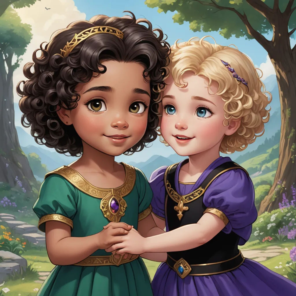 a couple of kids standing next to each other in a forest with trees and flowers behind them, one of them is hugging the other, fantasy art, a storybook illustration, disney, official art
