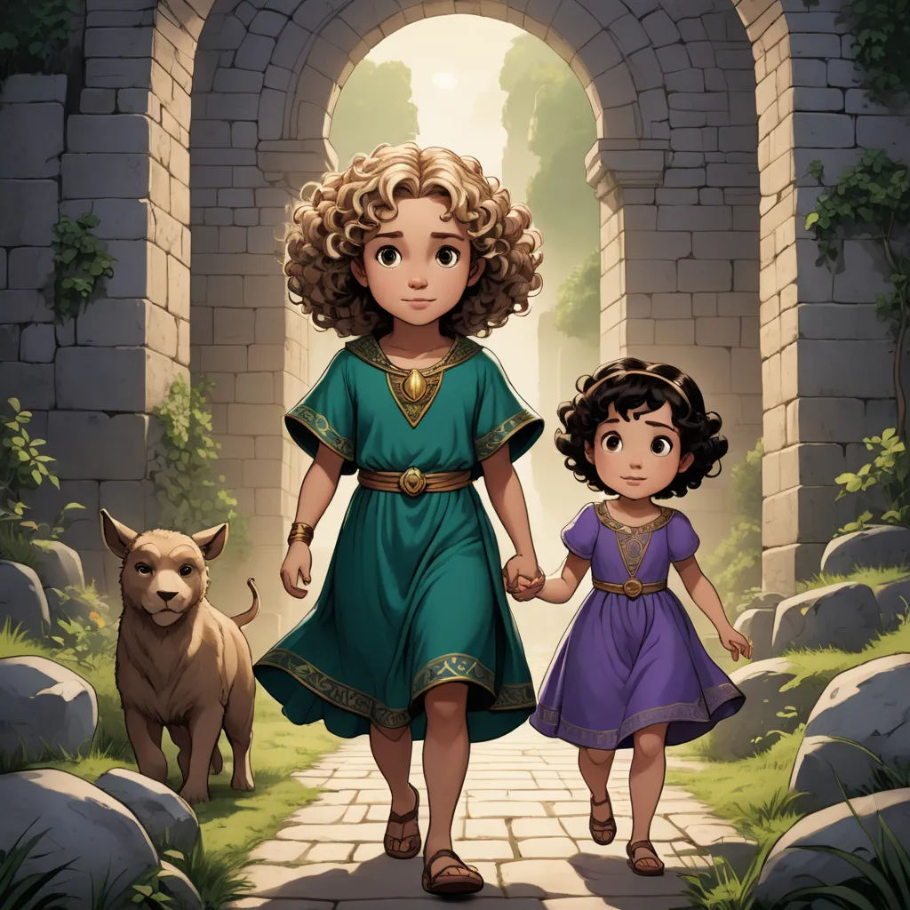 a girl and a dog are walking through a tunnel with a stone wall and a stone archway leading to a dog, fantasy art, a storybook illustration, Ada Gladys Killins, official art