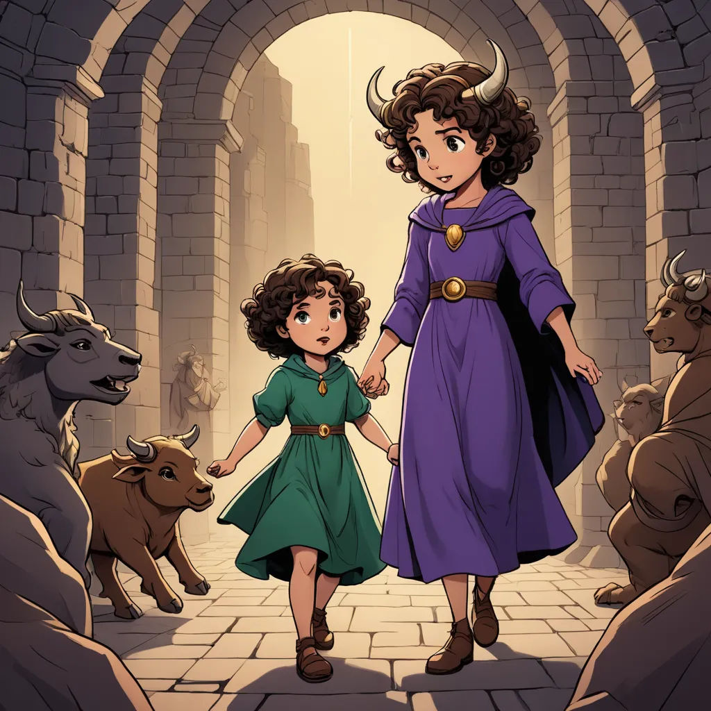a little girl and a little girl walking through a tunnel with animals on either side of her and a man on the other side, fantasy art, a storybook illustration, Ada Gladys Killins, comic cover art