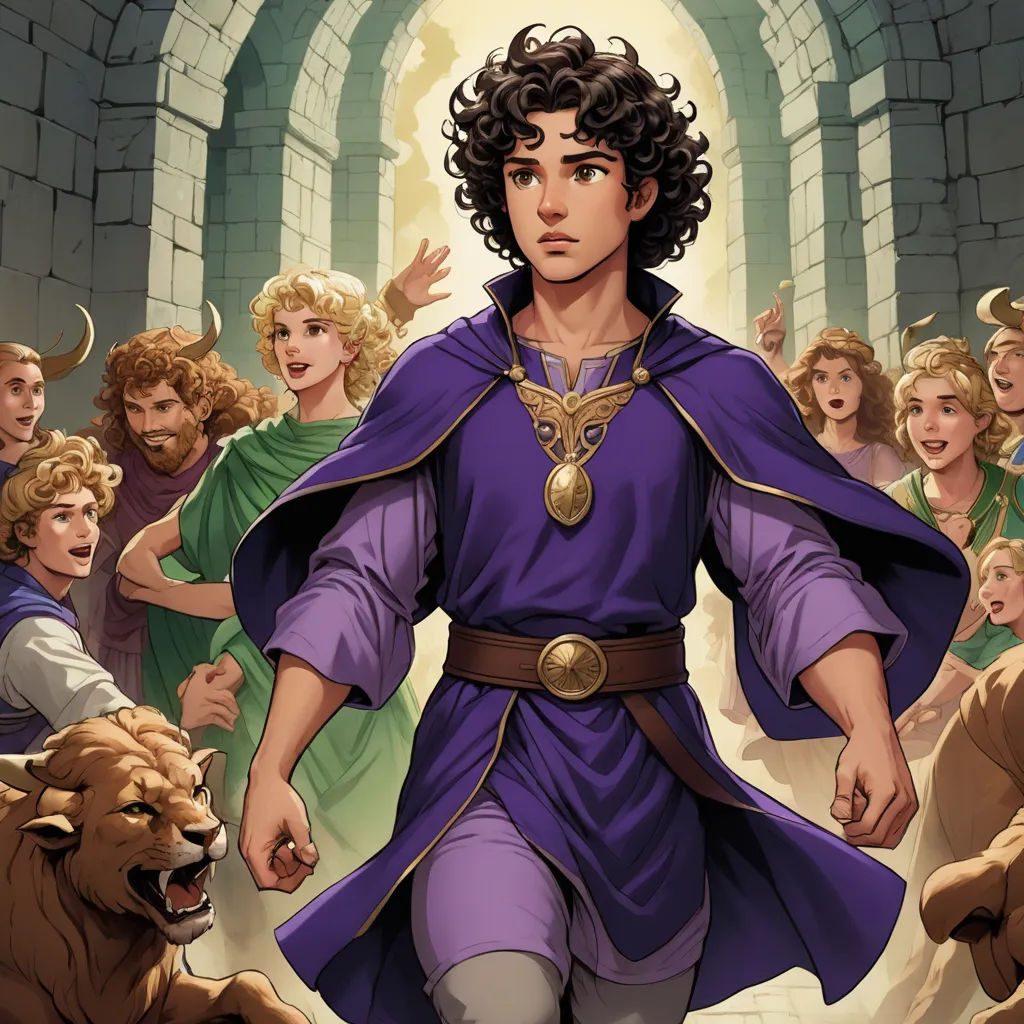 a man in a purple outfit surrounded by other people and animals in a castle like setting with a lion, fantasy art, a comic book panel, Brothers Hildebrandt, official art