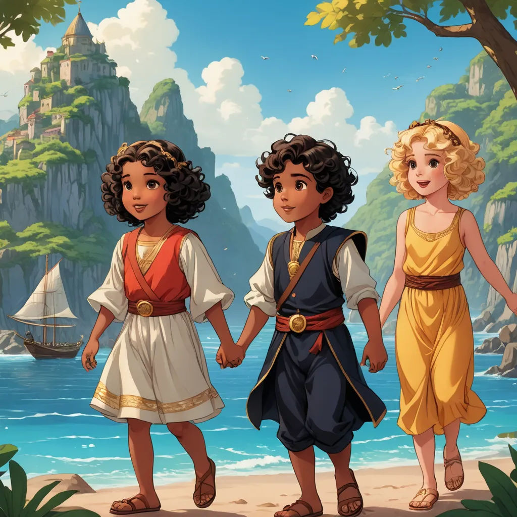 three children are walking on the beach near the water and a castle in the background, with a boat in the water, fantasy art, a storybook illustration, disney, official art