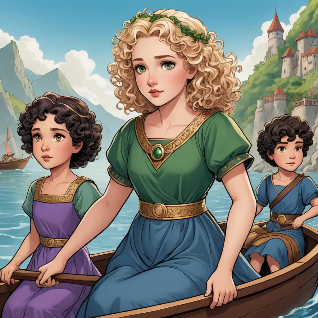 a woman and a child in a boat on a lake with a castle in the background and a castle in the background, fantasy art, a storybook illustration, Ada Gladys Killins, official art