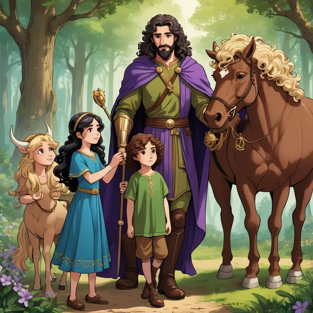 a man and two children standing next to a horse in a forest with a princess and a prince standing next to them, fantasy art, a storybook illustration, Anato Finnstark, official art