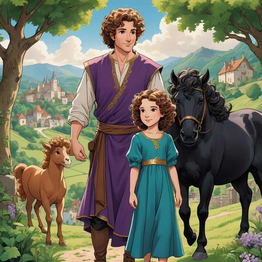 a man and a girl standing in front of a horse and a horse in a field with a horse, pre-raphaelitism, a storybook illustration, Brothers Hildebrandt, official art