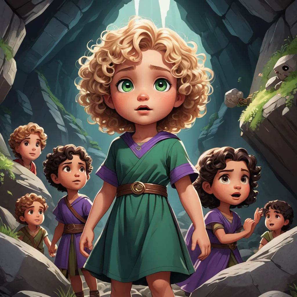 a cartoon of a girl in a green dress surrounded by other children in a cave with a light coming from behind her, fantasy art, a storybook illustration, Ada Gladys Killins, official art