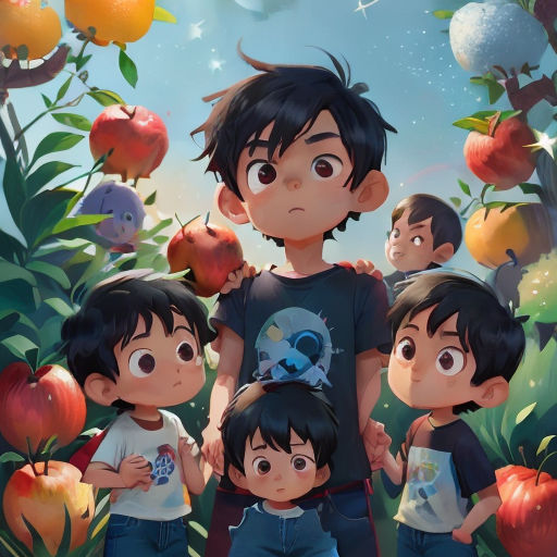 a group of children standing in front of a tree filled with apples and oranges with a sky background
